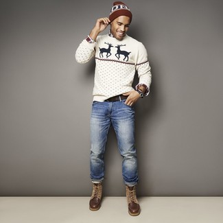 Men's White Christmas Crew-neck Sweater, White and Red and Navy Plaid Long Sleeve Shirt, Blue Jeans, Dark Brown Leather Casual Boots