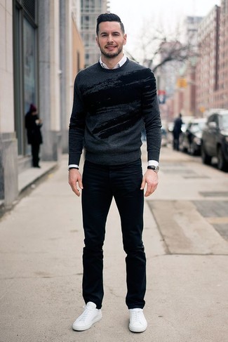 Men's Charcoal Print Crew-neck Sweater, White Long Sleeve Shirt, Black Jeans, White Leather Low Top Sneakers