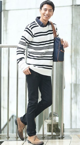 White and Black Horizontal Striped Crew-neck Sweater Outfits For Men: This combination of a white and black horizontal striped crew-neck sweater and black jeans makes for the ultimate casual style for any gentleman. Tan suede desert boots will instantly polish off even your most comfortable clothes.