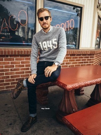 Grey Print Crew-neck Sweater Outfits For Men: If you're searching for a relaxed but also dapper getup, opt for a grey print crew-neck sweater and navy jeans. A pair of dark brown leather casual boots immediately amps up the wow factor of any getup.