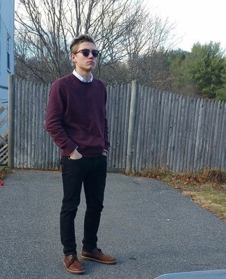 Burgundy Crew-neck Sweater Outfits For Men: A burgundy crew-neck sweater and black jeans are the perfect way to introduce played down dapperness into your day-to-day casual lineup. Complete your look with a pair of brown leather derby shoes for a dose of refinement.