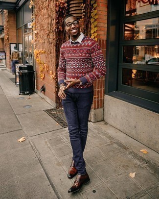 Fair Isle Crew-neck Sweater Outfits For Men: A fair isle crew-neck sweater and navy jeans make for the ultimate off-duty outfit for any modern man. And if you wish to instantly elevate your look with one item, why not add dark brown leather double monks to the equation?
