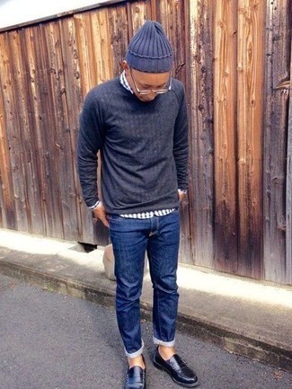 Men's Charcoal Crew-neck Sweater, White and Navy Gingham Long Sleeve Shirt, Navy Jeans, Navy Leather Loafers