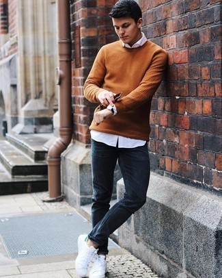 Men's Tobacco Crew-neck Sweater, White Long Sleeve Shirt, Navy Jeans, White and Green Leather Low Top Sneakers
