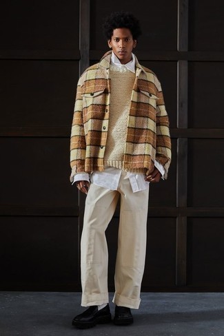 White Long Sleeve Shirt Warm Weather Outfits For Men: This combo of a white long sleeve shirt and a tan plaid flannel long sleeve shirt is the perfect balance between off-duty and dapper. Complete this look with black leather loafers to serve a little outfit-mixing magic.