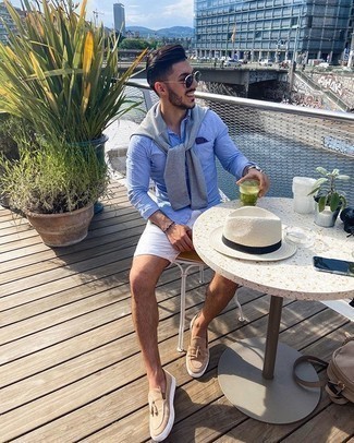 Men's Grey Crew-neck Sweater, White and Blue Vertical Striped Long Sleeve Shirt, White Shorts, Tan Suede Tassel Loafers
