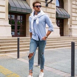 Violet Sunglasses Outfits For Men: Fashionable and functional, this combo of a white crew-neck sweater and violet sunglasses will provide you with variety. Go ahead and add a pair of white canvas low top sneakers to this look for an added dose of polish.