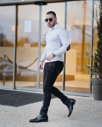 Men's White Crew-neck Sweater, White Long Sleeve Shirt, Charcoal Skinny Jeans, Black Leather Chelsea Boots