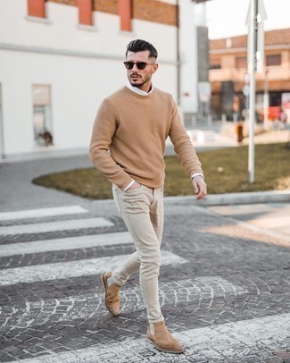 Men's Tan Crew-neck Sweater, White Long Sleeve Shirt, Beige Skinny Jeans, Tan Suede Chelsea Boots
