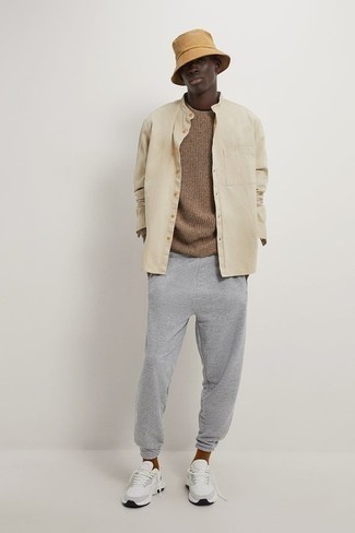 Men's Brown Crew-neck Sweater, Beige Long Sleeve Shirt, Grey Sweatpants, White Athletic Shoes