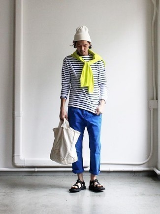 Men's Green-Yellow Crew-neck Sweater, White and Navy Horizontal Striped Long Sleeve T-Shirt, Blue Chinos, Black Canvas Sandals