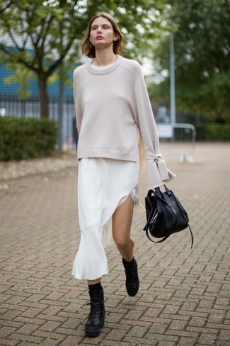 Women's Beige Crew-neck Sweater, White Silk Midi Dress, Black Leather Lace-up Ankle Boots, Black Leather Tote Bag