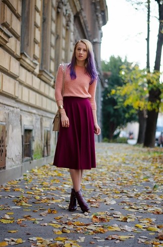 Women's Pink Embellished Crew-neck Sweater, Purple Pleated Midi Skirt, Burgundy Leather Ankle Boots, Brown Leather Crossbody Bag