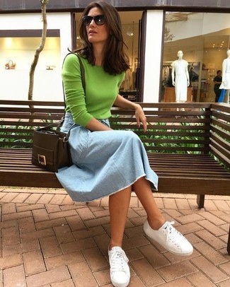 Mint Crew-neck Sweater Outfits For Women: Team a mint crew-neck sweater with a light blue denim midi skirt and you'll be ready for wherever the day takes you. A pair of white canvas low top sneakers easily steps up the style factor of your look.