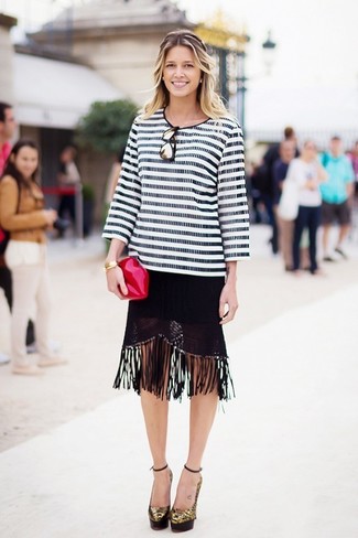 Black Fringe Midi Skirt Outfits: This casual combination of a white and black horizontal striped crew-neck sweater and a black fringe midi skirt is extremely easy to put together in no time, helping you look beyond chic and prepared for anything without spending too much time going through your closet. Take your ensemble in a classier direction by sporting tan leopard leather pumps.