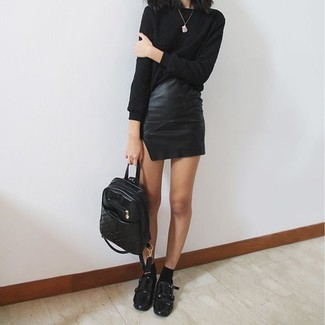 Women's Black Crew-neck Sweater, Black Leather Mini Skirt, Black Leather Double Monks, Black Quilted Leather Backpack