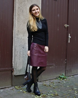Women's Black Crew-neck Sweater, Burgundy Leather Pencil Skirt, Black Leather Ankle Boots, Black Embroidered Leather Crossbody Bag