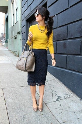 Women's Mustard Crew-neck Sweater, Navy Lace Pencil Skirt, Brown Leather Pumps, Brown Leather Tote Bag