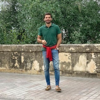 Men's Red Crew-neck Sweater, Dark Green Polo, Blue Jeans, Multi colored Suede Boat Shoes
