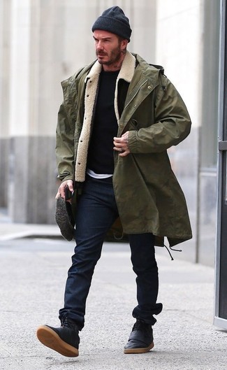 Olive Fishtail Parka Outfits For Men: 