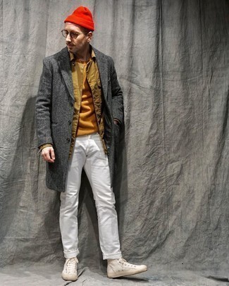 Charcoal Herringbone Overcoat Fall Outfits: 