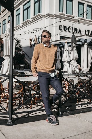 Beige Crew-neck Sweater Casual Outfits For Men: If you gravitate towards casual outfits, why not try teaming a beige crew-neck sweater with charcoal chinos? If you wish to instantly dress down this ensemble with shoes, why not complete your look with charcoal athletic shoes?