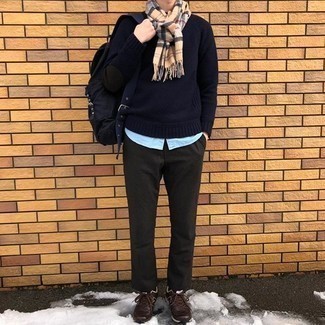 Beige Plaid Scarf Outfits For Men: Rock a navy crew-neck sweater with a beige plaid scarf to feel absolutely confident and look stylish. Add a pair of dark brown athletic shoes to the mix and the whole look will come together.