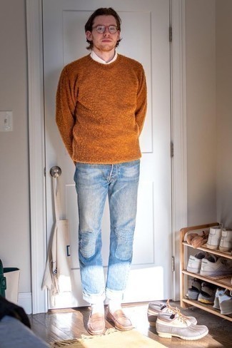 Men's Tobacco Crew-neck Sweater, White Short Sleeve Shirt, Light Blue Patchwork Jeans, Tan Leather Loafers