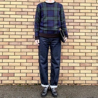 Men's Navy and Green Plaid Fleece Crew-neck Sweater, White Short Sleeve Shirt, Navy Jeans, Black Leather Loafers