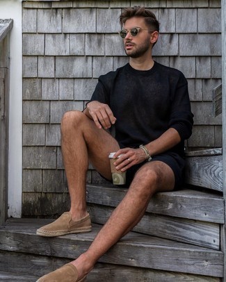 Grey Bracelet Outfits For Men: If you're all about feeling relaxed when it comes to styling, this combination of a navy crew-neck sweater and a grey bracelet is totally you. Add a different twist to your look by wearing tan suede espadrilles.