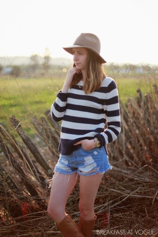 Women's White and Black Horizontal Striped Crew-neck Sweater, Light Blue Ripped Denim Shorts, Tobacco Leather Knee High Boots, Brown Wool Hat