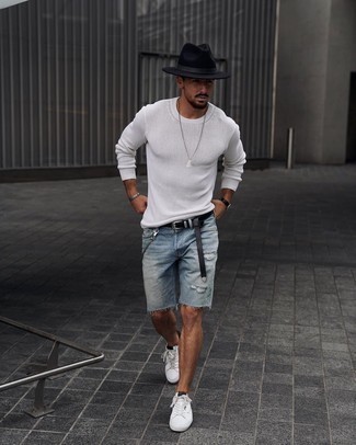 Light Blue Denim Shorts Outfits For Men: A nicely pulled together casual combo of a white crew-neck sweater and light blue denim shorts will set you apart effortlessly. Complement your outfit with a pair of white and black leather low top sneakers and the whole outfit will come together.