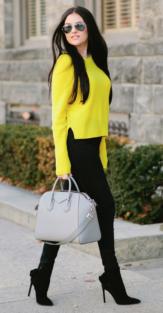 Grey Leather Satchel Bag Outfits: Consider wearing a yellow crew-neck sweater and a grey leather satchel bag for a lazy-day getup. A chic pair of black suede ankle boots is an effective way to add an extra touch of style to your look.