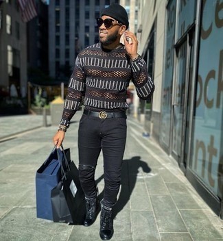Black Skinny Jeans Outfits For Men: A black horizontal striped crew-neck sweater and black skinny jeans are a great combination to add to your current fashion mix. If you wish to easily ramp up this ensemble with one single piece, why not complete this outfit with a pair of black leather casual boots?