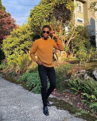 Tobacco Crew-neck Sweater Outfits For Men: If you're looking for a relaxed casual and at the same time stylish outfit, wear a tobacco crew-neck sweater and navy skinny jeans. For something more on the sophisticated end to finish your ensemble, introduce black leather chelsea boots to the equation.