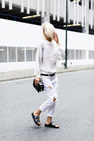 Black and White Leather Clutch Warm Weather Outfits: For a casual look, pair a white crew-neck sweater with a black and white leather clutch — these two pieces go nicely together. A pair of black leather flat sandals will pull your whole outfit together.
