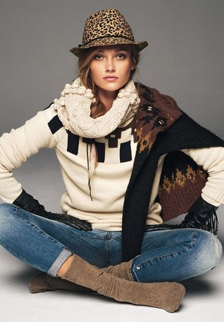 Women's Beige Print Crew-neck Sweater, Blue Skinny Jeans, Black Leather Gloves, Khaki Leopard Hat