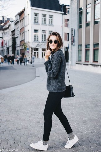 Grey Crew-neck Sweater Outfits For Women: For something more on the casual and cool side, pair a grey crew-neck sweater with black skinny jeans. Complement this outfit with a pair of white low top sneakers to inject a dash of casualness into this look.