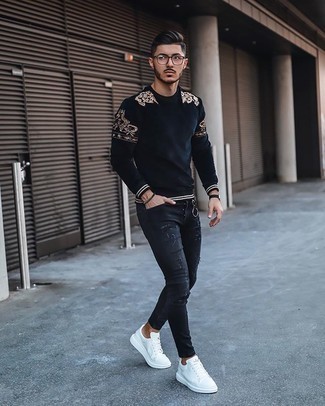 Charcoal Beaded Bracelet Outfits For Men: Extremely dapper, this combination of a black print crew-neck sweater and a charcoal beaded bracelet delivers excellent styling opportunities. Balance your ensemble with a smarter kind of footwear, like these white canvas low top sneakers.