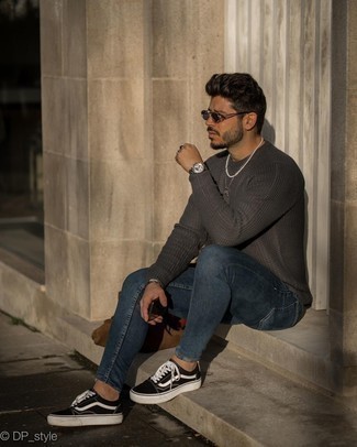 Men's Charcoal Crew-neck Sweater, Navy Skinny Jeans, Black and White Canvas Low Top Sneakers, Dark Brown Sunglasses