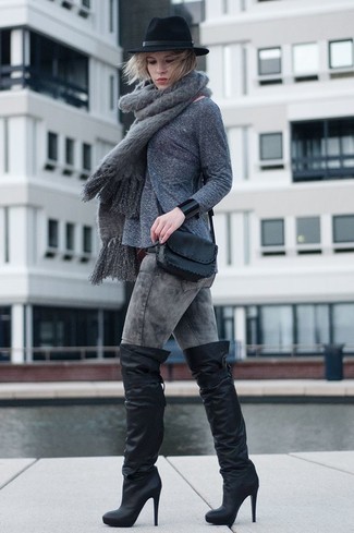 Black Leather Over The Knee Boots Outfits: This casual combination of a grey crew-neck sweater and grey acid wash skinny jeans is a surefire option when you need to look chic in a flash. If you want to easily ramp up your outfit with one single item, complement your outfit with a pair of black leather over the knee boots.