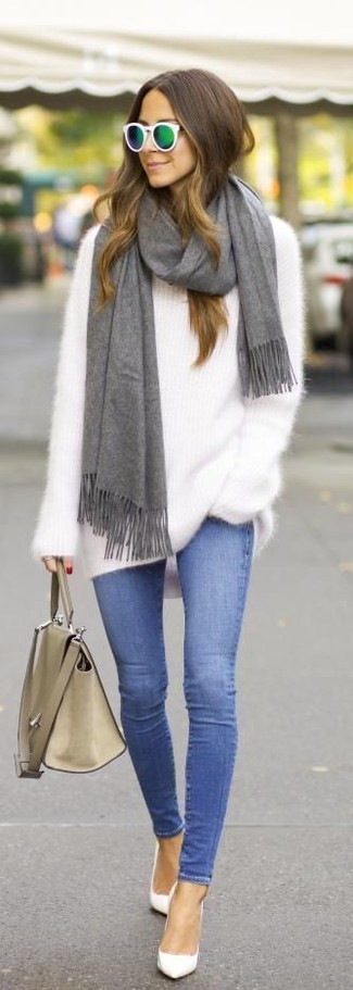 Women's White Fluffy Crew-neck Sweater, Blue Skinny Jeans, White Leather Pumps, Beige Leather Satchel Bag