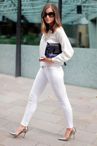 Women's White Crew-neck Sweater, White Skinny Jeans, Silver Leather Pumps, Navy Fur Clutch