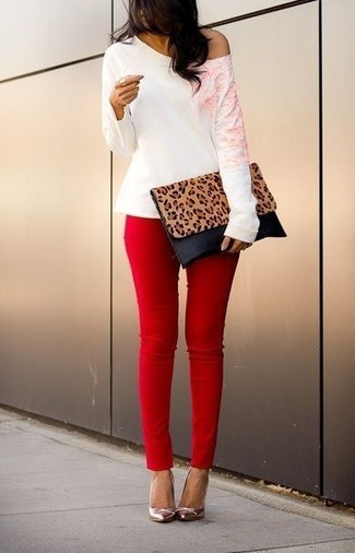 Women's White and Pink Floral Crew-neck Sweater, Red Skinny Pants, Silver Leather Pumps, Tan Leather Clutch