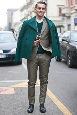 Green Crew-neck Sweater Dressy Outfits For Men: 