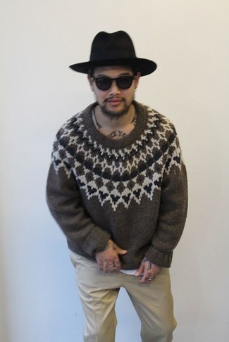 Men's Dark Brown Fair Isle Crew-neck Sweater, White Tank, Khaki Chinos, Black Wool Hat