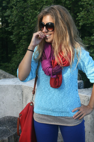 Blue Crew Neck Ribbed Sweater