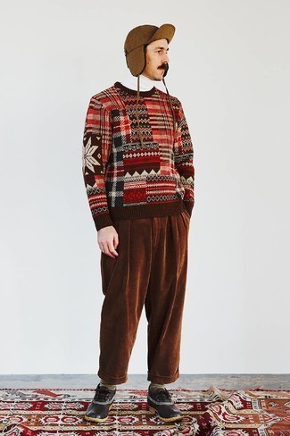 Tobacco Corduroy Chinos Outfits: Such pieces as a multi colored fair isle crew-neck sweater and tobacco corduroy chinos are the ideal way to introduce muted dapperness into your day-to-day off-duty lineup. For times when this ensemble looks all-too-dressy, tone it down by slipping into a pair of black snow boots.