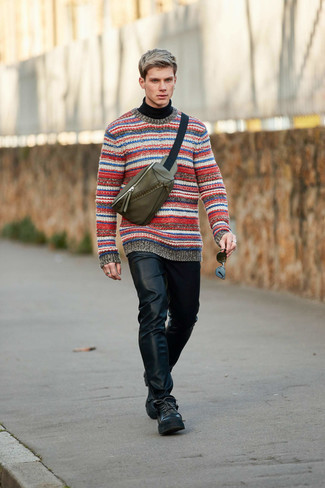 Olive Leather Fanny Pack Outfits For Men: For a neat and relaxed look, wear a multi colored horizontal striped crew-neck sweater with an olive leather fanny pack — these two pieces go really great together. If you want to break out of the mold a little, add a pair of black leather work boots to the equation.