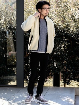 White Zip Sweater Outfits For Men: This laid-back combo of a white zip sweater and black chinos is super easy to throw together in next to no time, helping you look sharp and ready for anything without spending a ton of time going through your wardrobe. Brown athletic shoes will give a mellow touch to an otherwise mostly classic outfit.